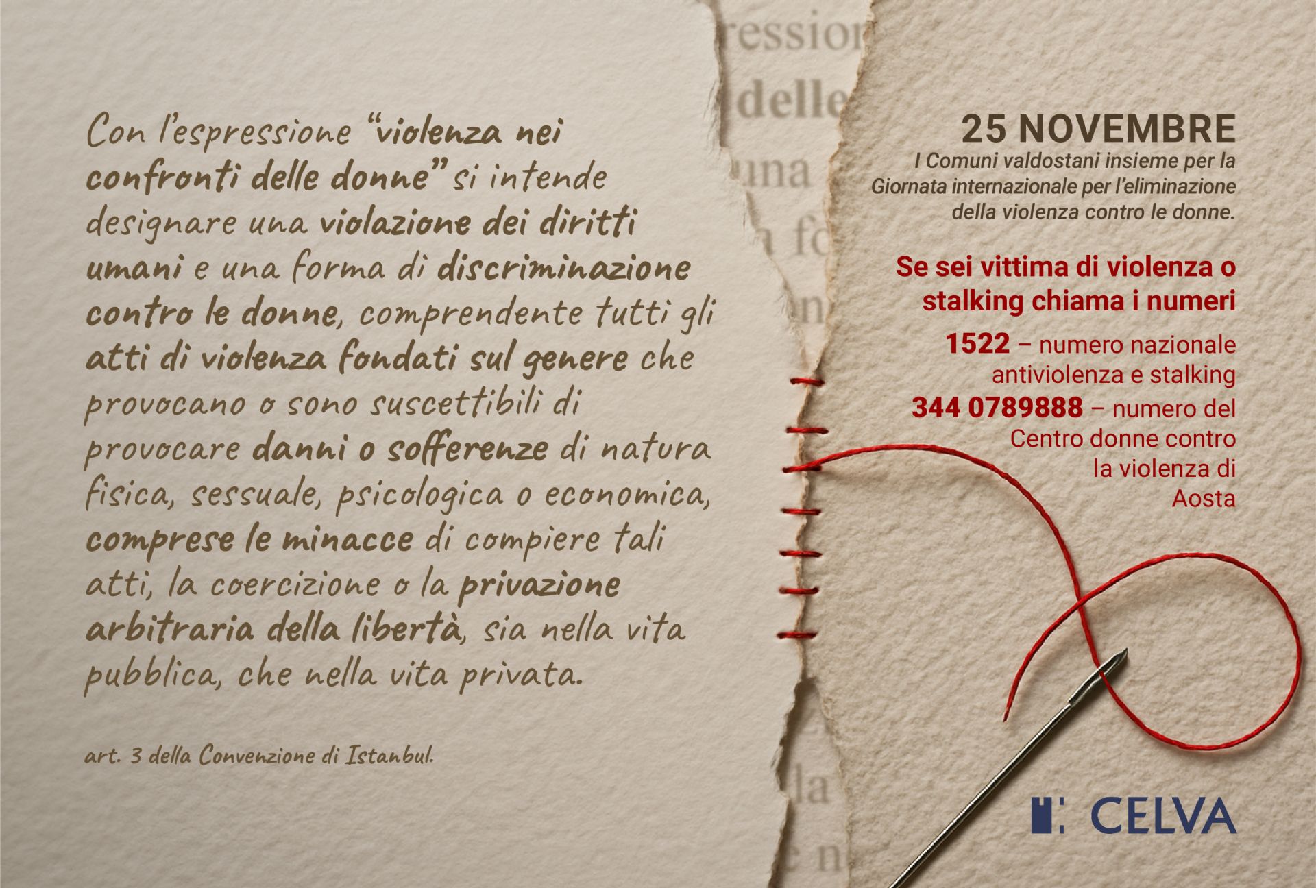 25 novembre - Giornata internazionale per l’eliminazione della violenza contro le donne

